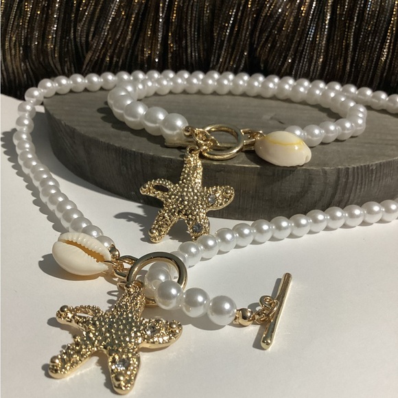 🪸Naitical Starfish & Puka  Shell Beaded Pearl toggle collar necklace & Bracelet - Picture 6 of 16
